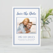 Blauwe Trouw Simpele Verlovingsfoto Modern Save The Date (Staand voorkant)