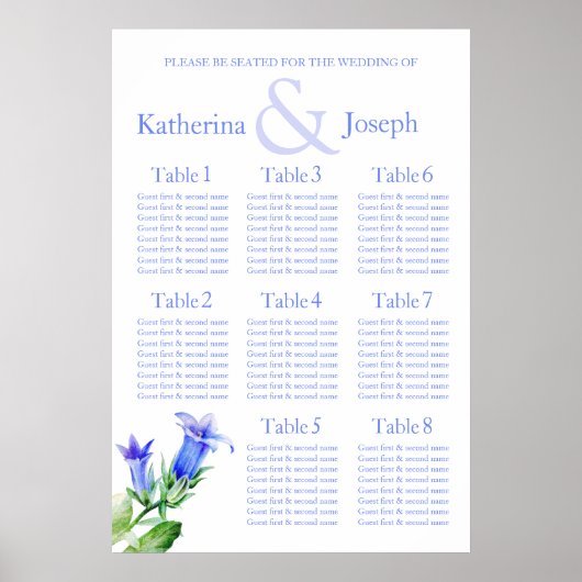 blauwe Trouw Stoelindeling Tafel Planner 1-8 Poster (Voorkant)
