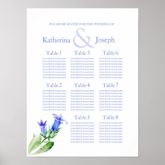 blauwe Trouw Stoelindeling Tafel Planner 1-8 Poster (Voorkant)
