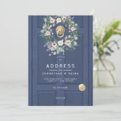 Blauwe trouwdeur VERANDERING ADRES Kaart (Staand voorkant)