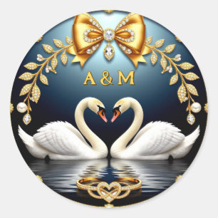 Blauwe Trouwzwanen Met Ringen En Wapenschild Thema Ronde Sticker