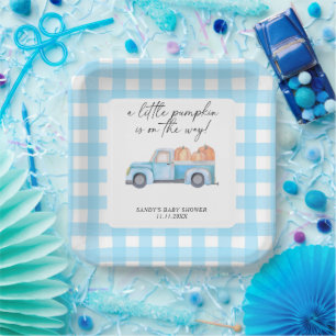 Blauwe Truck Een Kleine Pompoen Herfst Baby Shower Papieren Bordje