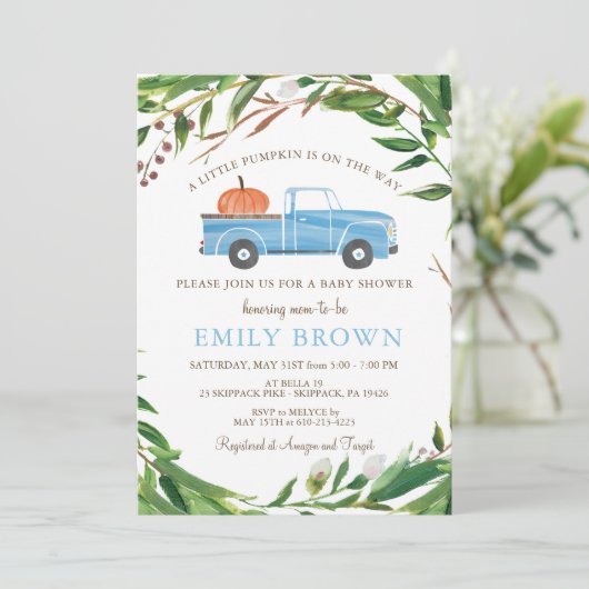  Blauwe Truck Kleine POMPOEN Jongen BABY SHOWER Kaart (Staand voorkant)