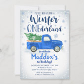 Blauwe Truck Winter ONEderland Uitnodiging Jongen  (Voorkant)