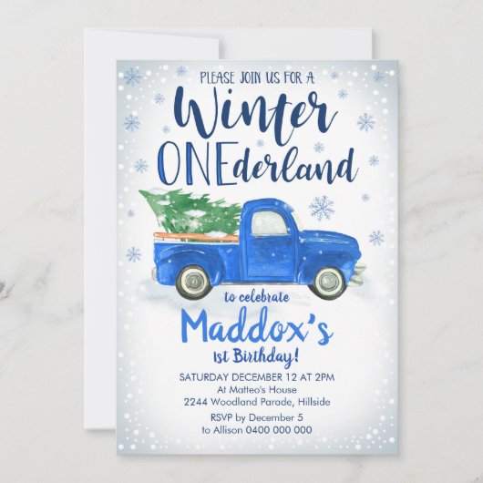 Blauwe Truck Winter ONEderland Uitnodiging Jongen  (Voorkant)