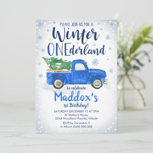 Blauwe Truck Winter ONEderland Uitnodiging Jongen  (Staand voorkant)