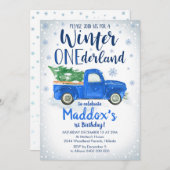 Blauwe Truck Winter ONEderland Uitnodiging Jongen  (Voorkant / Achterkant)