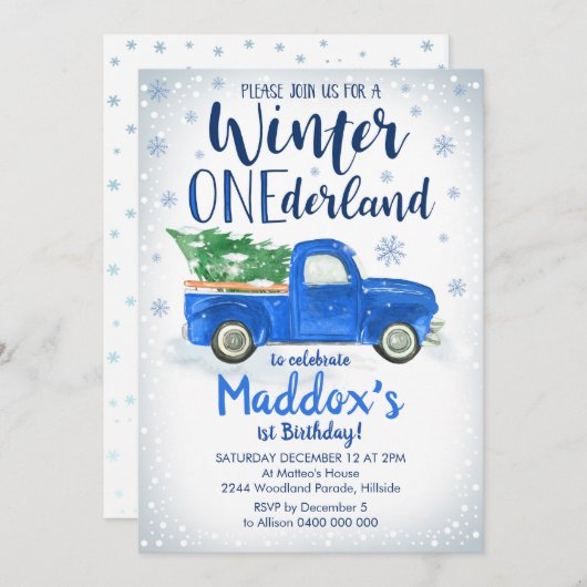 Blauwe Truck Winter ONEderland Uitnodiging Jongen  (Voorkant / Achterkant)