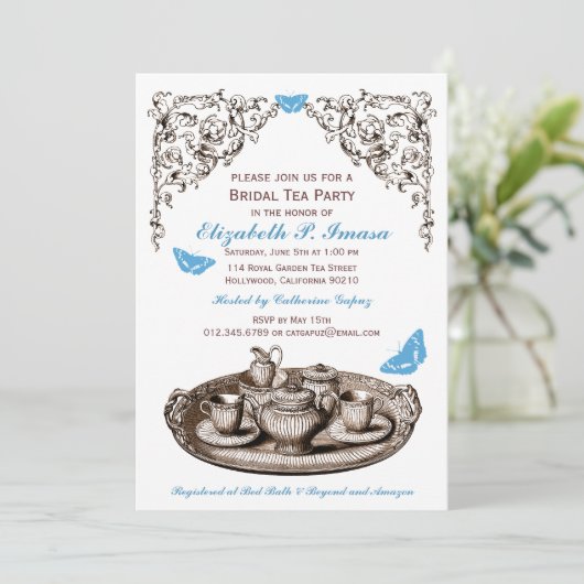 Blauwe tuin Bridal Tea Party uitnodigingen (Staand voorkant)