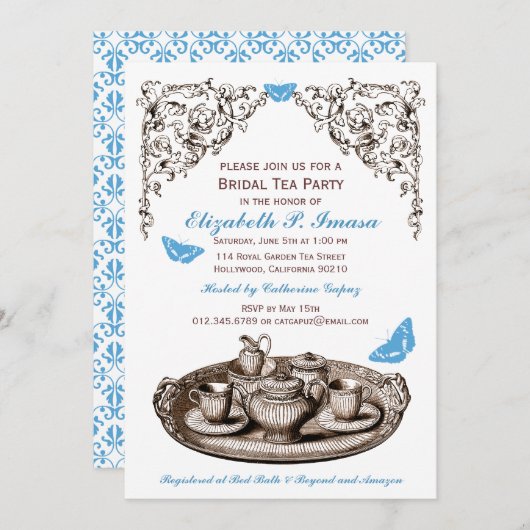 Blauwe tuin Bridal Tea Party uitnodigingen (Voorkant / Achterkant)