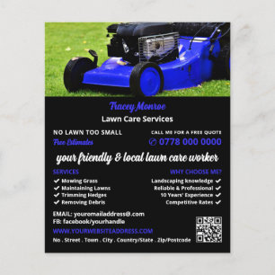 Blauwe tuin grasmaaier, gazon verzorging flyer