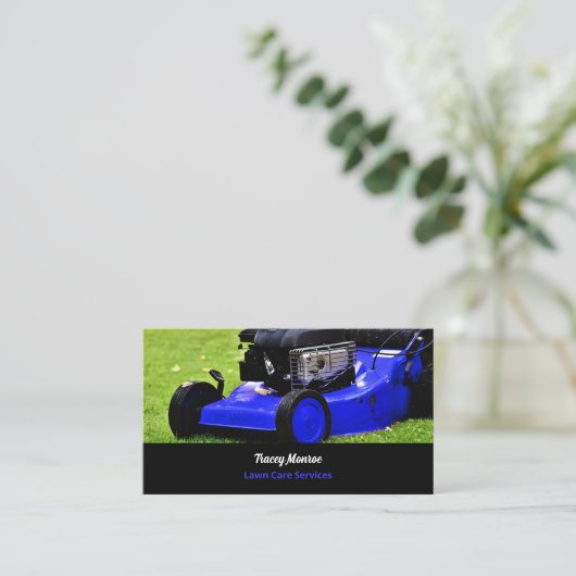 Blauwe tuin grasmaaier, gazon verzorging visitekaartje (Staand voorkant)