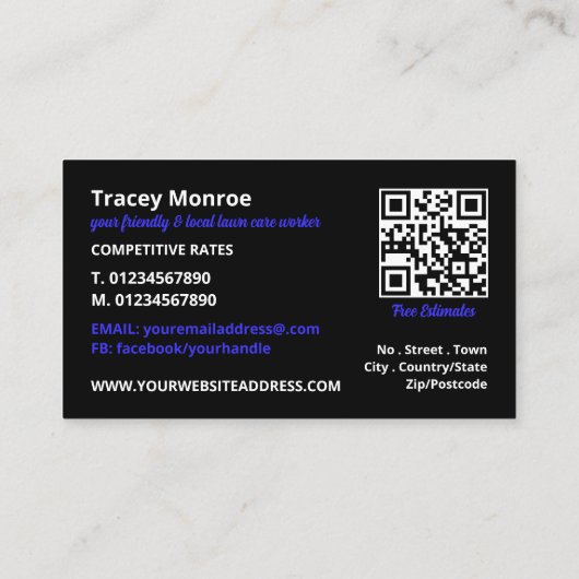 Blauwe tuin grasmaaier, gazon verzorging visitekaartje (Achterkant)