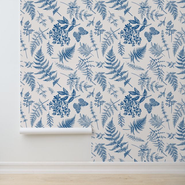 Blauwe tuinvlinder en Floral Garden Pattern Behang (Applicatie)