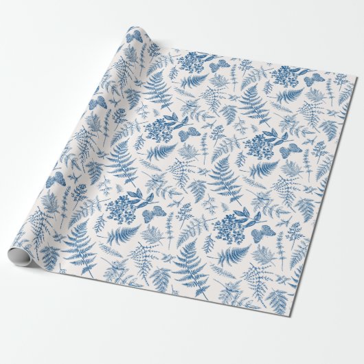 Blauwe tuinvlinder en Floral Garden Pattern Cadeaupapier (Uitgerold)