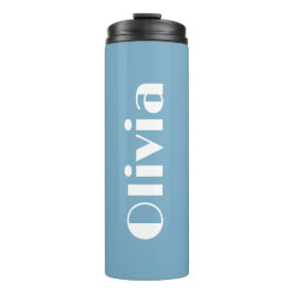 Blauwe tumbler met grote bedrukte letters op maat thermosbeker