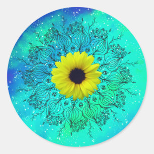 Blauwe turkooizen sterrenstelsel mandala en zonneb ronde sticker