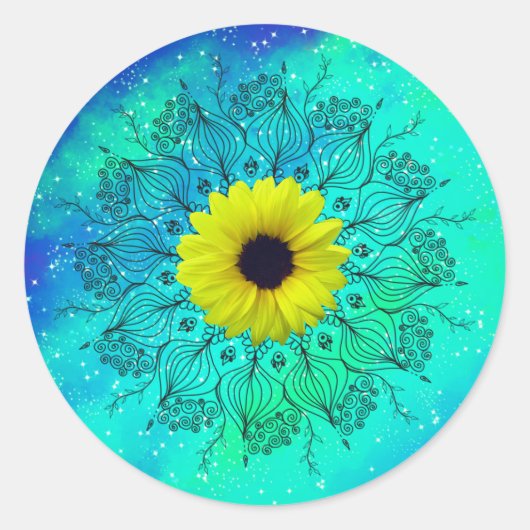 Blauwe turkooizen sterrenstelsel mandala en zonneb ronde sticker (Voorkant)