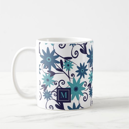 Blauwe turquoise bloemen Gepersonaliseerd Koffiemok (Links)