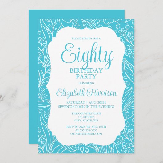 Blauwe Turquoise Flora Vrouw 80ste Verjaardagsfees Kaart (Voorkant / Achterkant)