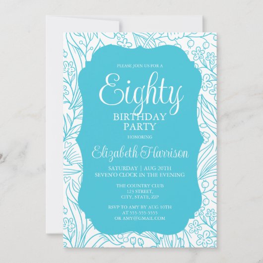 Blauwe Turquoise Flora Vrouw 80ste Verjaardagsfees Kaart (Voorkant)
