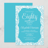 Blauwe Turquoise Flora Vrouw 80ste Verjaardagsfees Kaart (Voorkant / Achterkant)