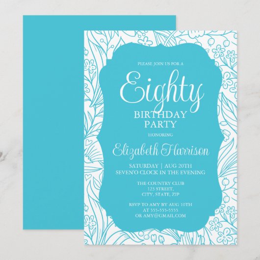 Blauwe Turquoise Flora Vrouw 80ste Verjaardagsfees Kaart (Voorkant / Achterkant)
