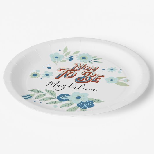 Blauwe turquoise groene bloemen mama om te zijn papieren bordje (Gekanteld)