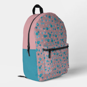 blauwe, turquoise, mauve en roze polka stippen bedrukte rugzak
