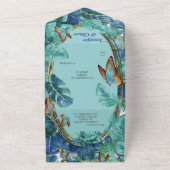 Blauwe Turquoise Monstera Bladeren & Vlinders All In One Uitnodiging (Buitenkant)