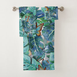 Blauwe Turquoise Monstera Bladeren & Vlinders Bad Handdoek