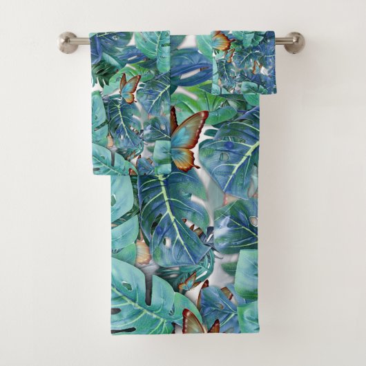 Blauwe Turquoise Monstera Bladeren & Vlinders Bad Handdoek (Insitu)