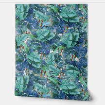 Blauwe Turquoise Monstera Bladeren & Vlinders