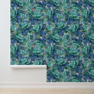 Blauwe Turquoise Monstera Bladeren & Vlinders Behang