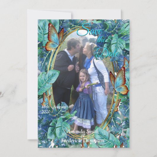 Blauwe Turquoise Monstera Bladeren & Vlinders Kaart (Voorkant)