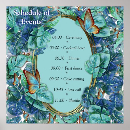 Blauwe Turquoise Monstera Bladeren & Vlinders Poster (Voorkant)