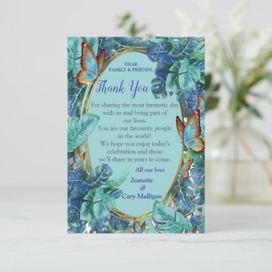 Blauwe Turquoise Monstera Bladeren & Vlinders RSVP Kaartje (Staand voorkant)