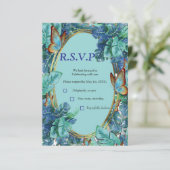 Blauwe Turquoise Monstera Bladeren & Vlinders RSVP Kaartje (Staand voorkant)
