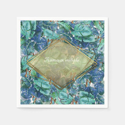 Blauwe Turquoise Monstera Bladeren & Vlinders Servet (Voorkant)