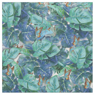 Blauwe Turquoise Monstera Bladeren & Vlinders Stof
