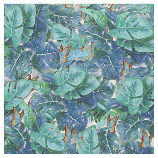 Blauwe Turquoise Monstera Bladeren & Vlinders Stof (Close Up)