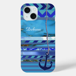 blauwe turquoise strepen, anker en naam iPhone 15 case