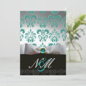BLAUWE TURQUOISE WITTE LINT ZWARTE DAMAST MONOGRAM KAART (Staand voorkant)