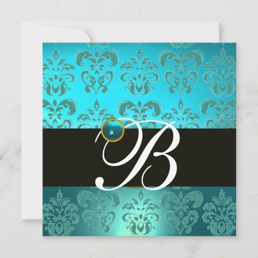 BLAUWE TURQUOISE ZWARTE DAMAST MONOGRAM, aquamarij Kaart (Voorkant)
