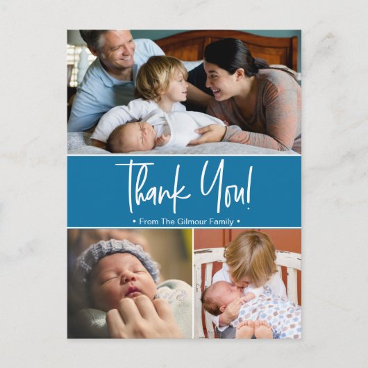 Blauwe tweede baby geboortefoto collage aankondigi aankondigingskaart (Voorkant)