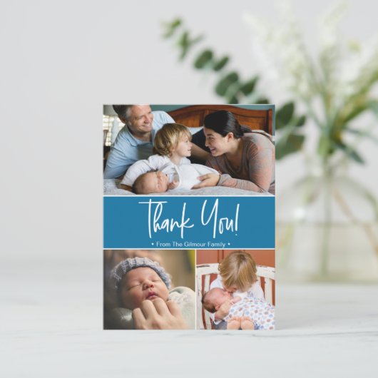 Blauwe tweede baby geboortefoto collage aankondigi aankondigingskaart (Staand voorkant)