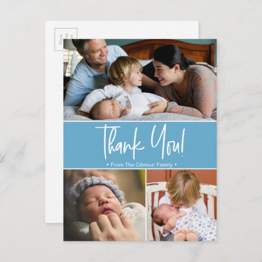 Blauwe tweede baby geboortefotocollage aankondigingskaart (Voorkant / Achterkant)