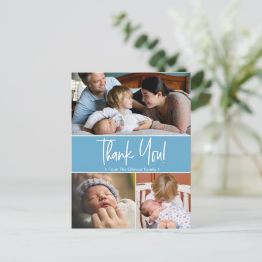 Blauwe tweede baby geboortefotocollage aankondigingskaart (Staand voorkant)