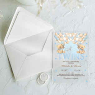 Blauwe Tweeling Jongens Beer Ballonnen Baby Shower Acryl Uitnodigingen