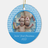 Blauwe tweelingen eerste kerstversiering keramisch ornament (Links)